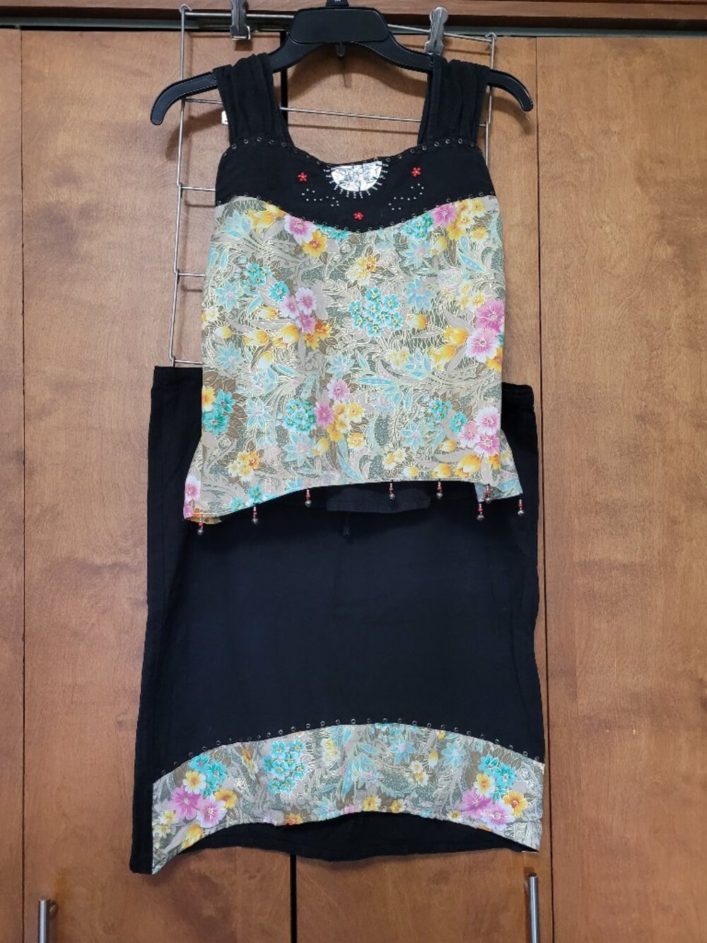 Thai top and skirt set.  Size Small Black with floral accent fabric and beads.